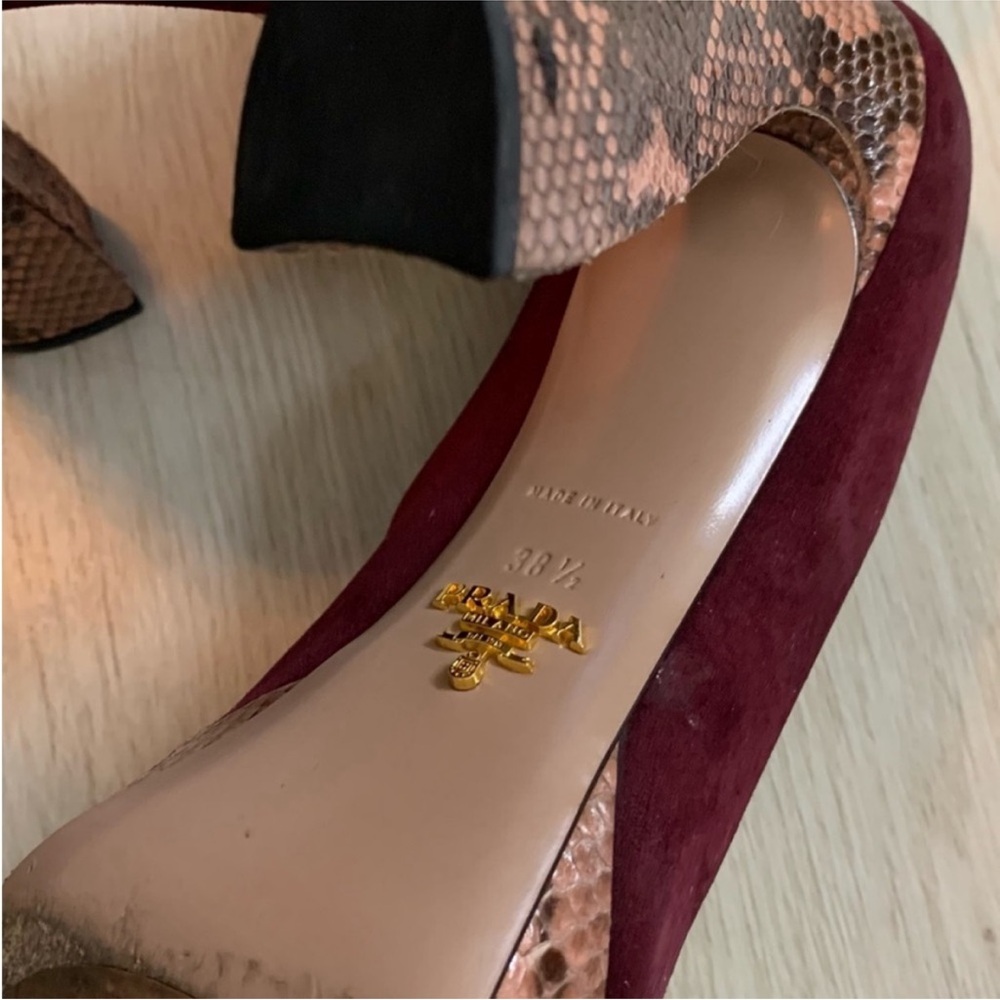 Prada Maroon Suede Heels with Snakeskin Pattern - Picture 8 of 11